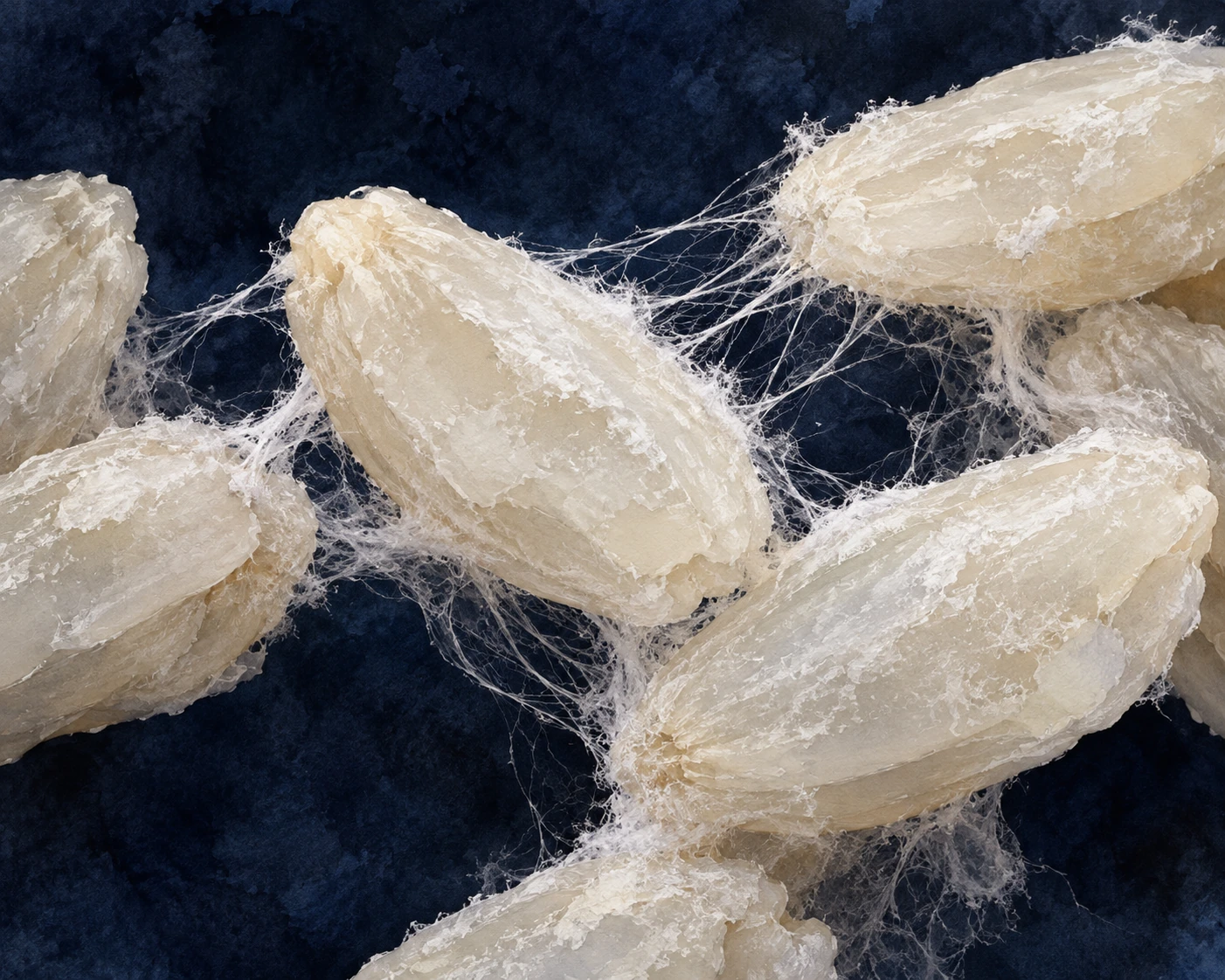 Fine white filaments join several textured rice grains against a dark background.