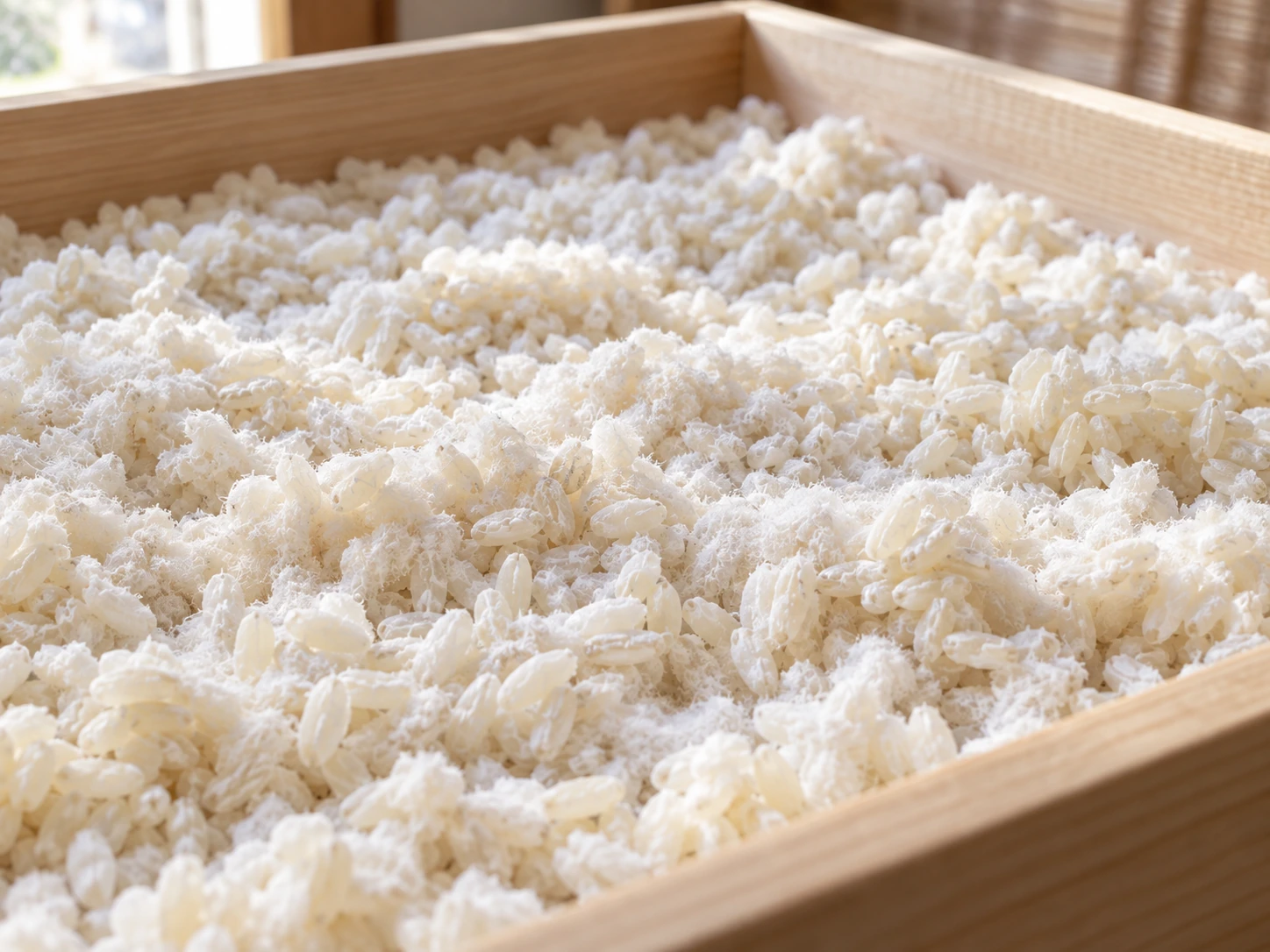 Fine white growth covers rice grains in a shallow pale wooden tray.