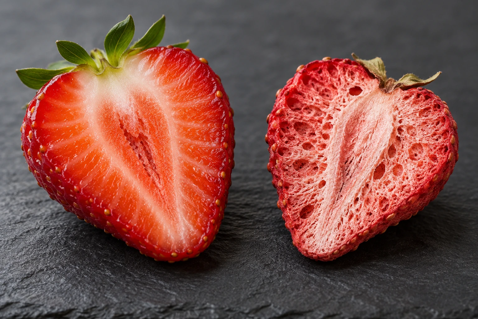A juicy strawberry half lies beside a porous dried half.