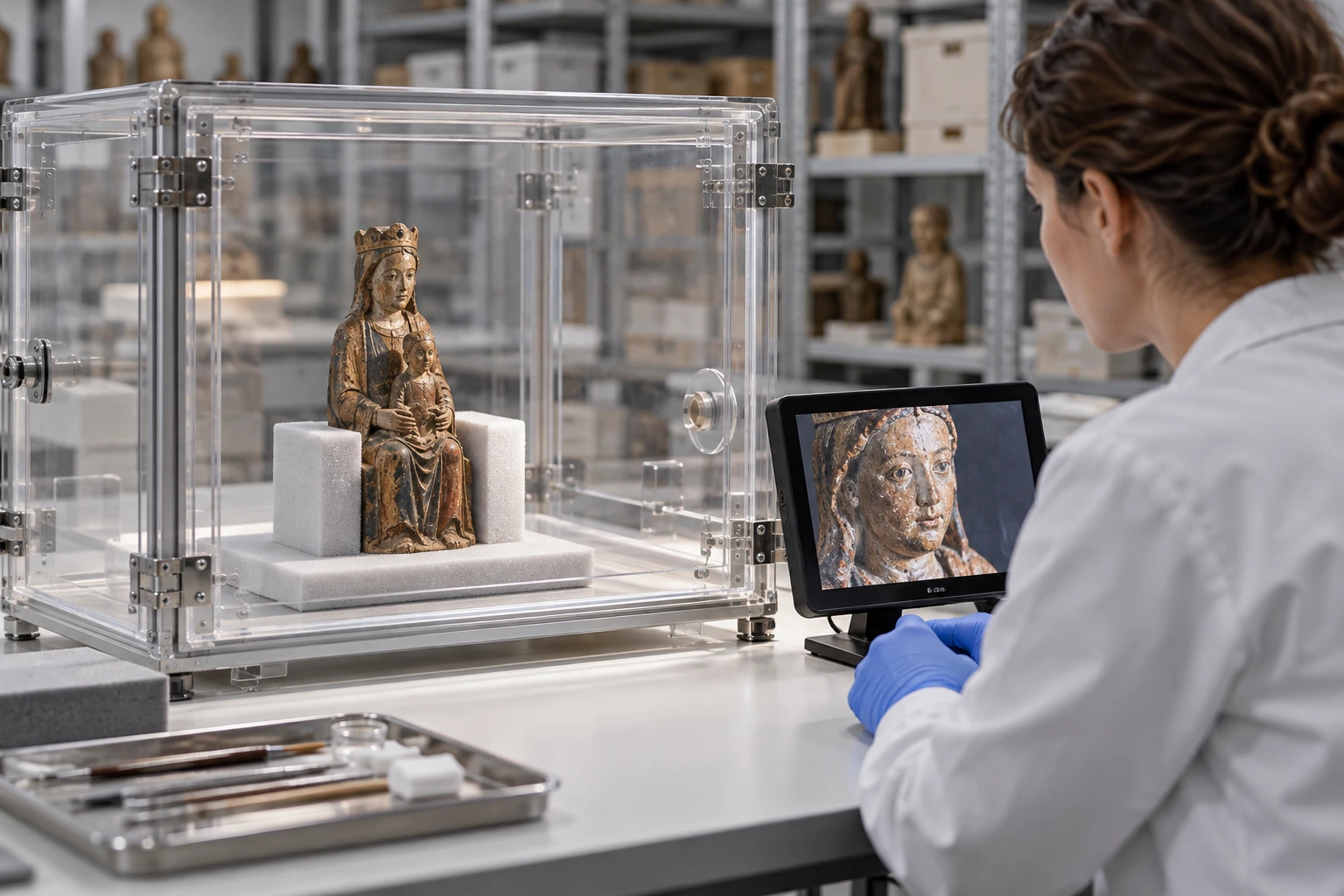 A wooden carving rests inside a clear conservation enclosure while a gloved hand checks a monitor.