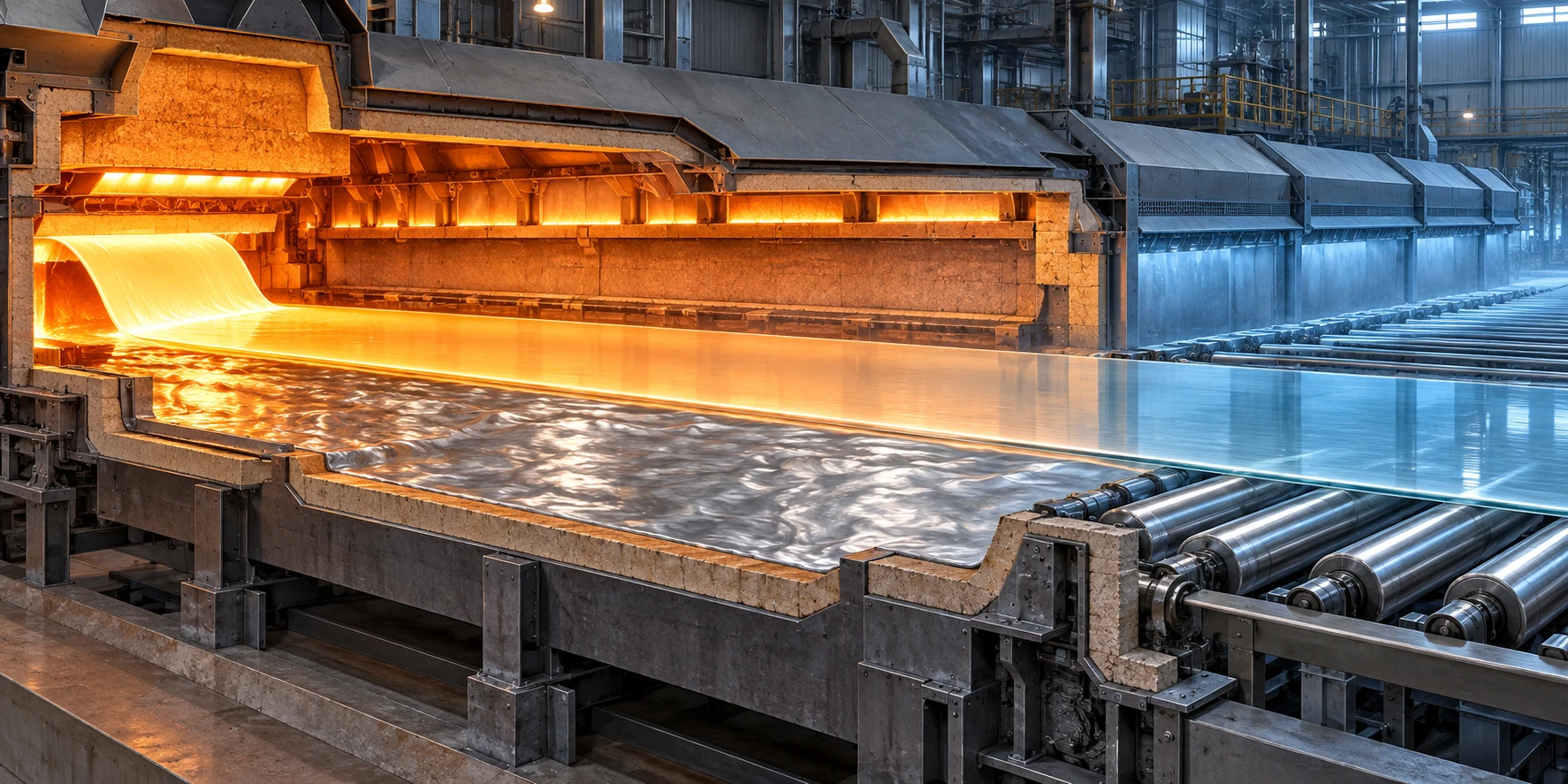 A glowing glass ribbon crosses a silver bath inside an industrial chamber.