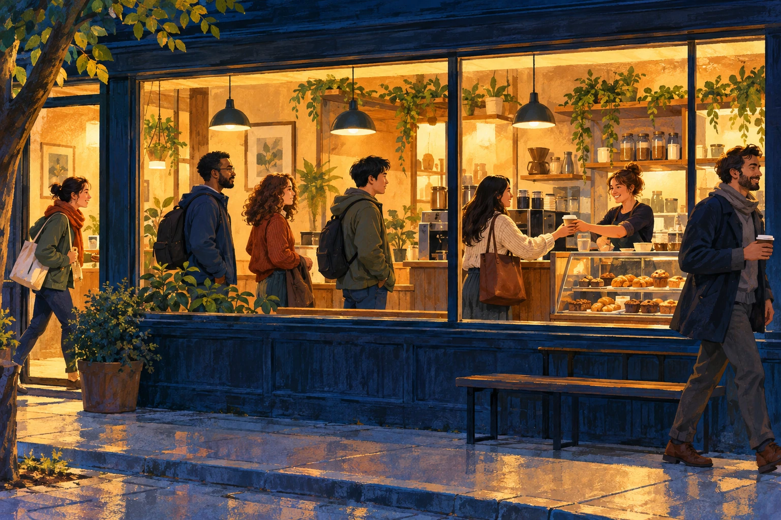 People wait inside a warmly lit café while a barista hands over a drink.