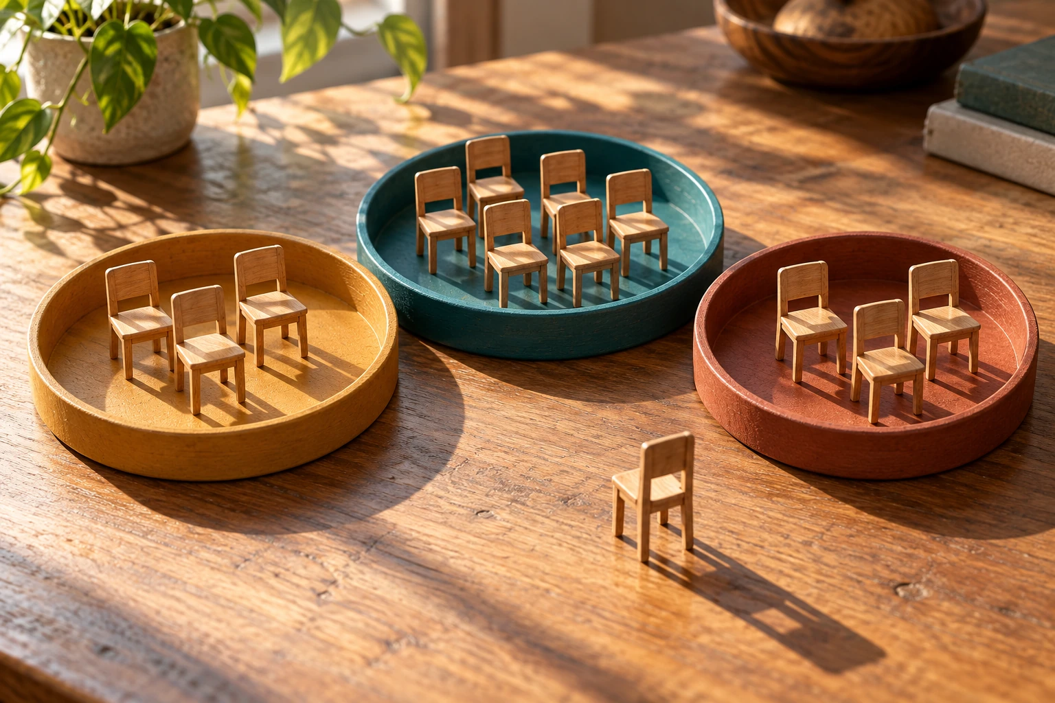 Small wooden chairs are divided among three colored trays, with an additional chair outside.