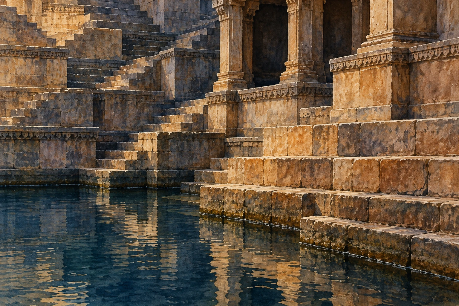 Stone stairs meet a dark water surface beneath a carved pavilion.