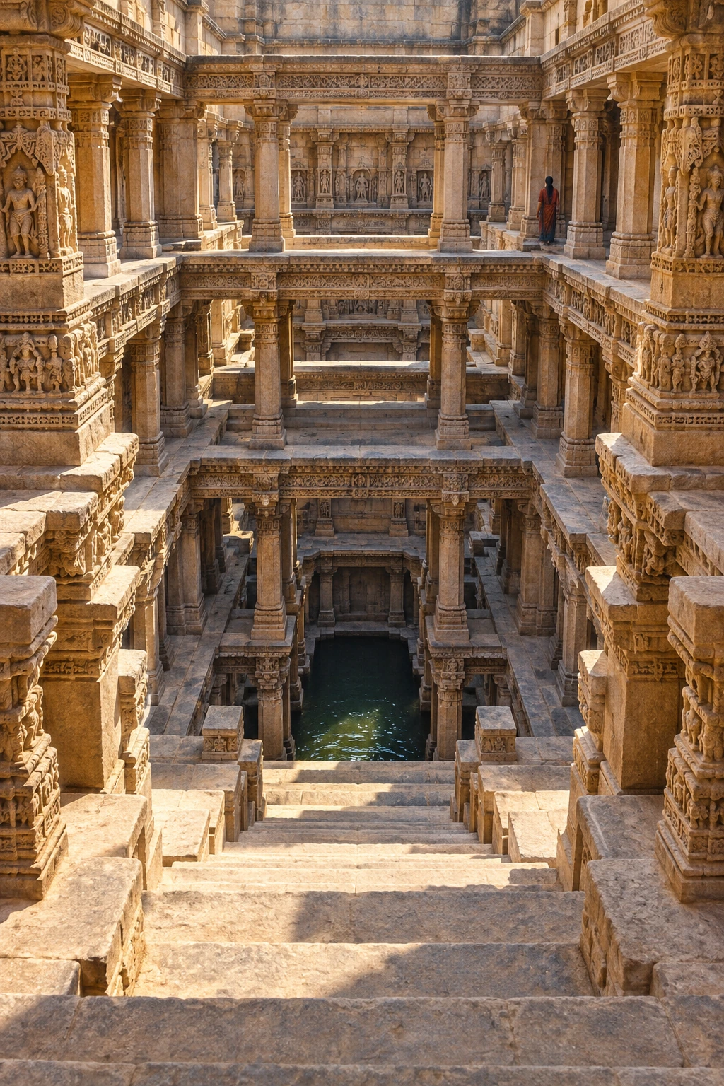 A deep sandstone stepwell descends through carved columns and landings toward dark water.