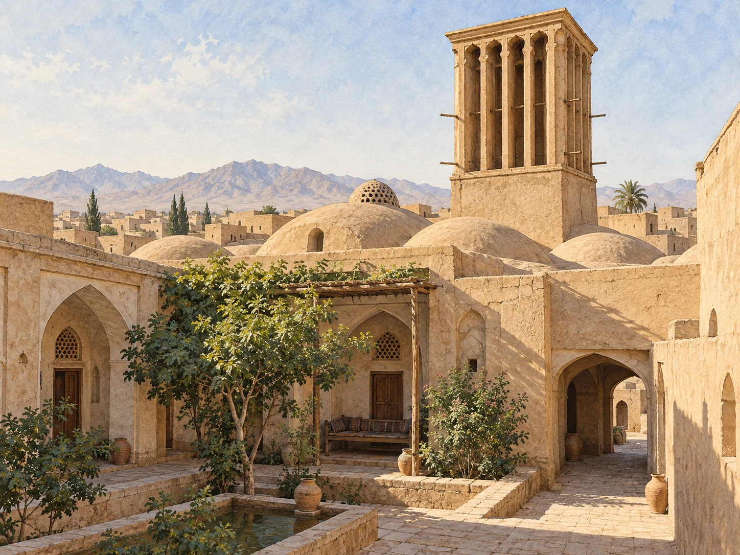 An earthen windcatcher rises over a shaded courtyard and domed roofs.