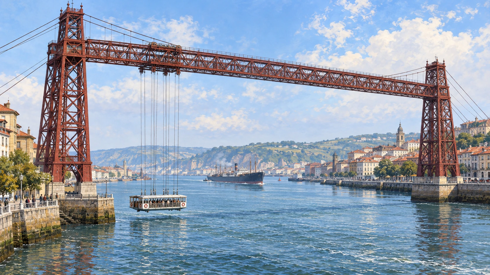 A lattice steel transporter bridge spans an estuary, with a gondola hanging near bank level and a distant ship.