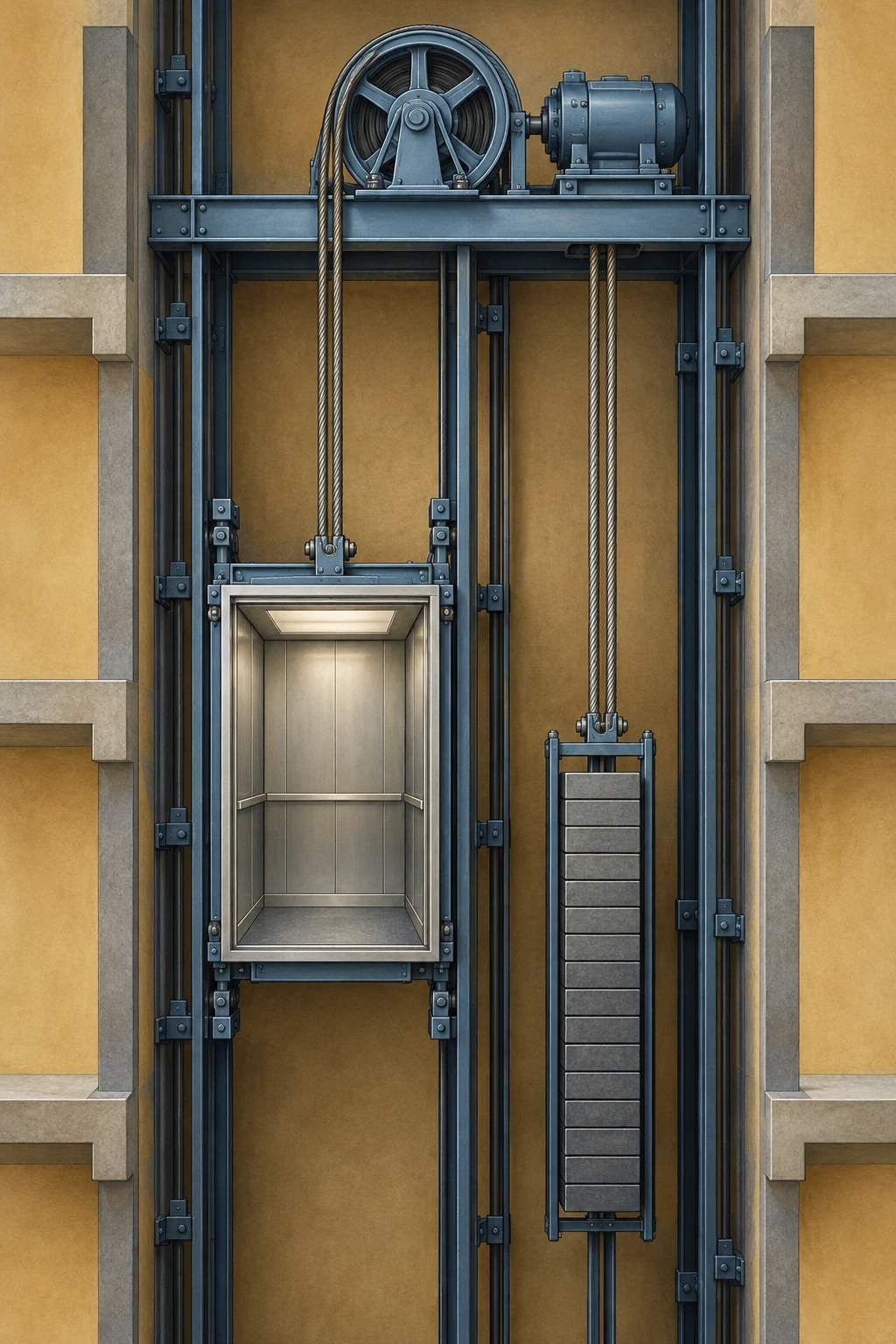 A simplified traction elevator car and counterweight hang on opposite sides of a top sheave.