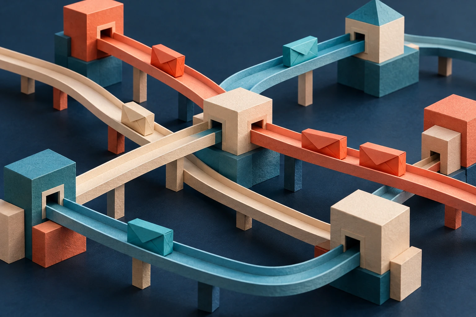 Separate paper envelopes follow intersecting channels between geometric stations.