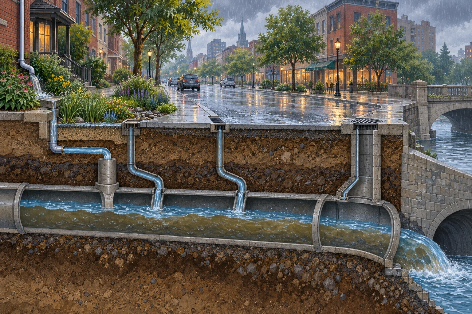A conceptual street cutaway shows rain runoff entering a large shared underground pipe.