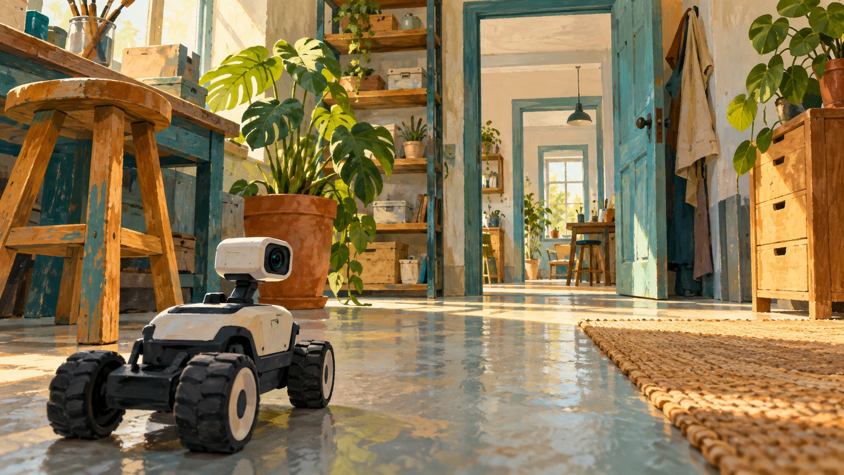 A small wheeled camera robot faces a workshop doorway with stools, shelves, and a plant nearby.