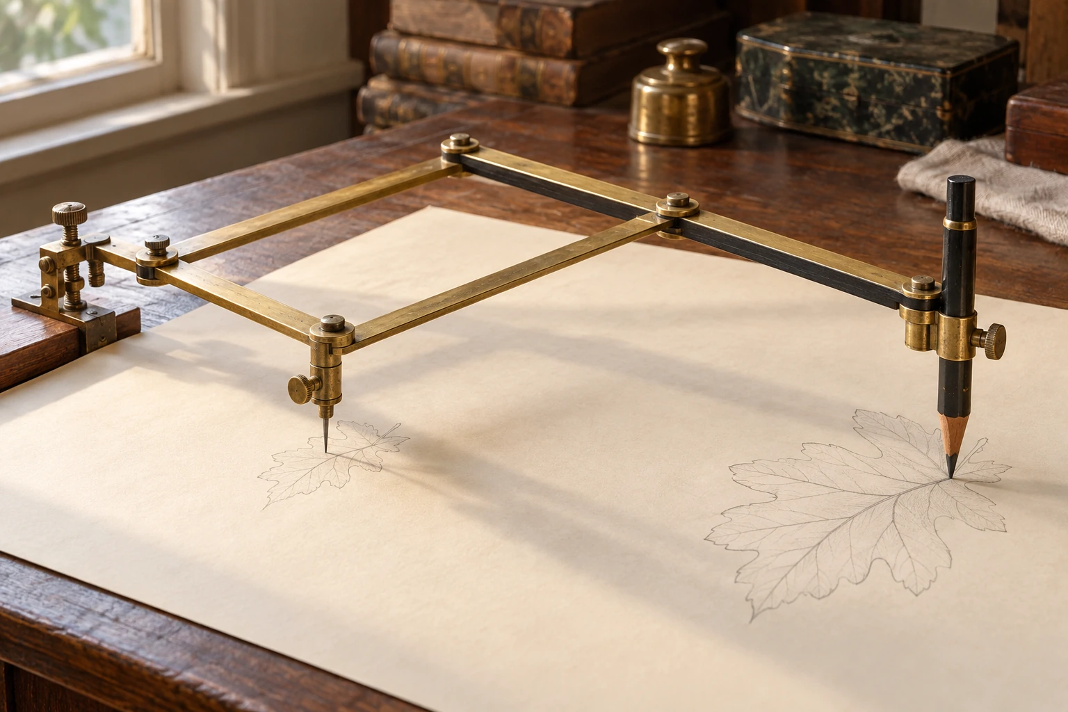 A brass jointed drawing instrument spans a sheet with small and large pencil outlines.