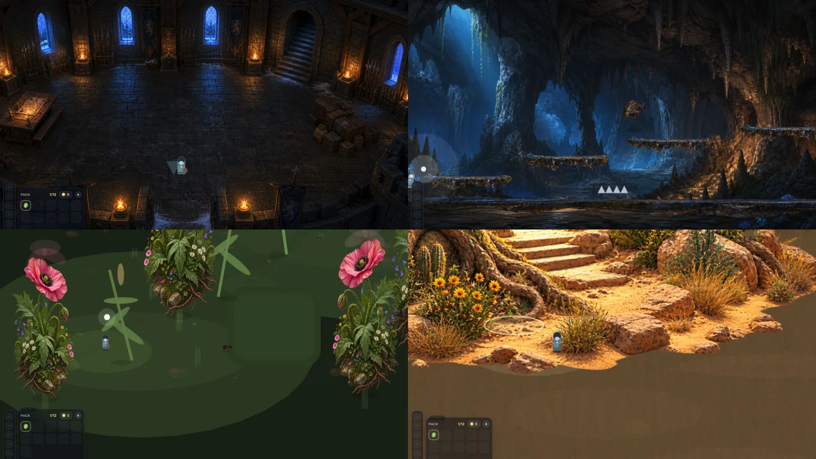 Caves and Castles traveler exploring a painted mountain keep, luminous cave, giant plants and sunflower world