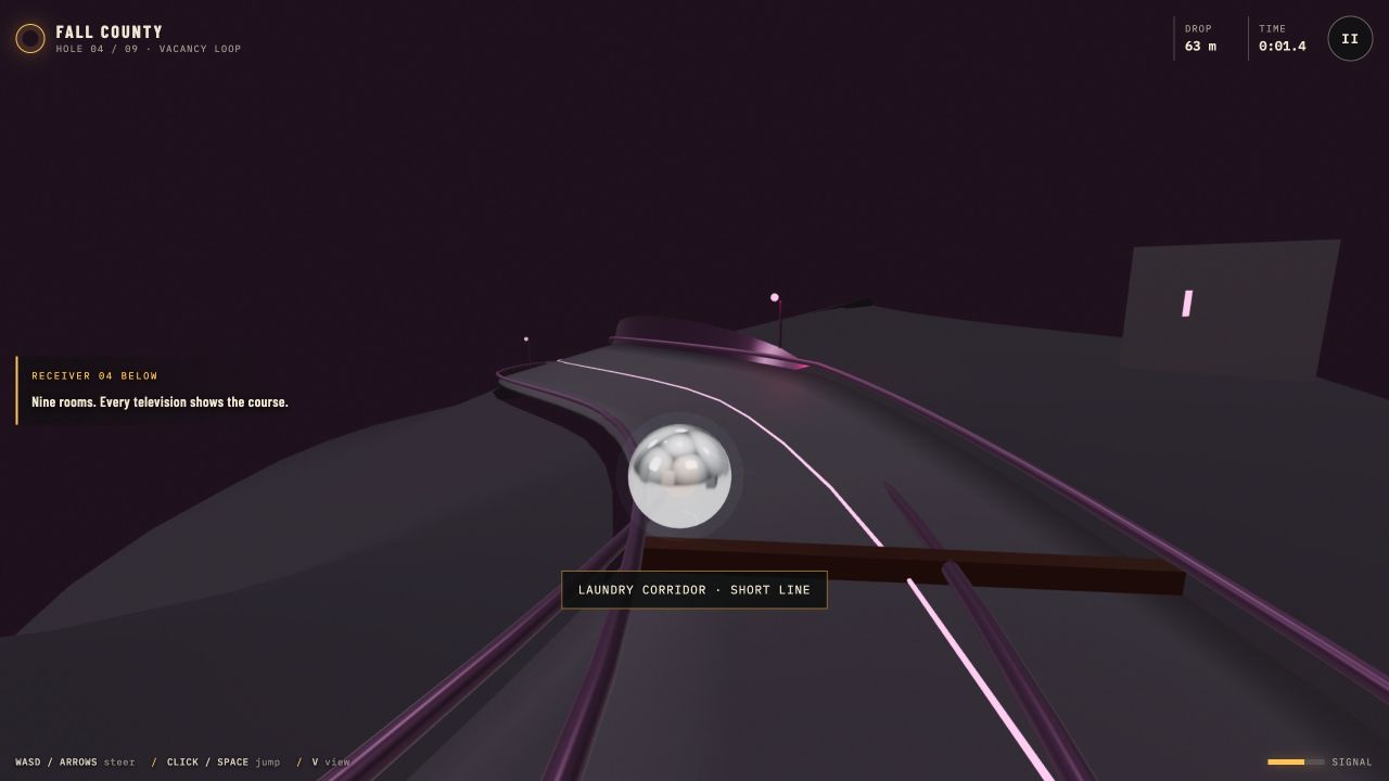 Chrome sphere rolling between steel guide rails through an ominous Midwestern night course