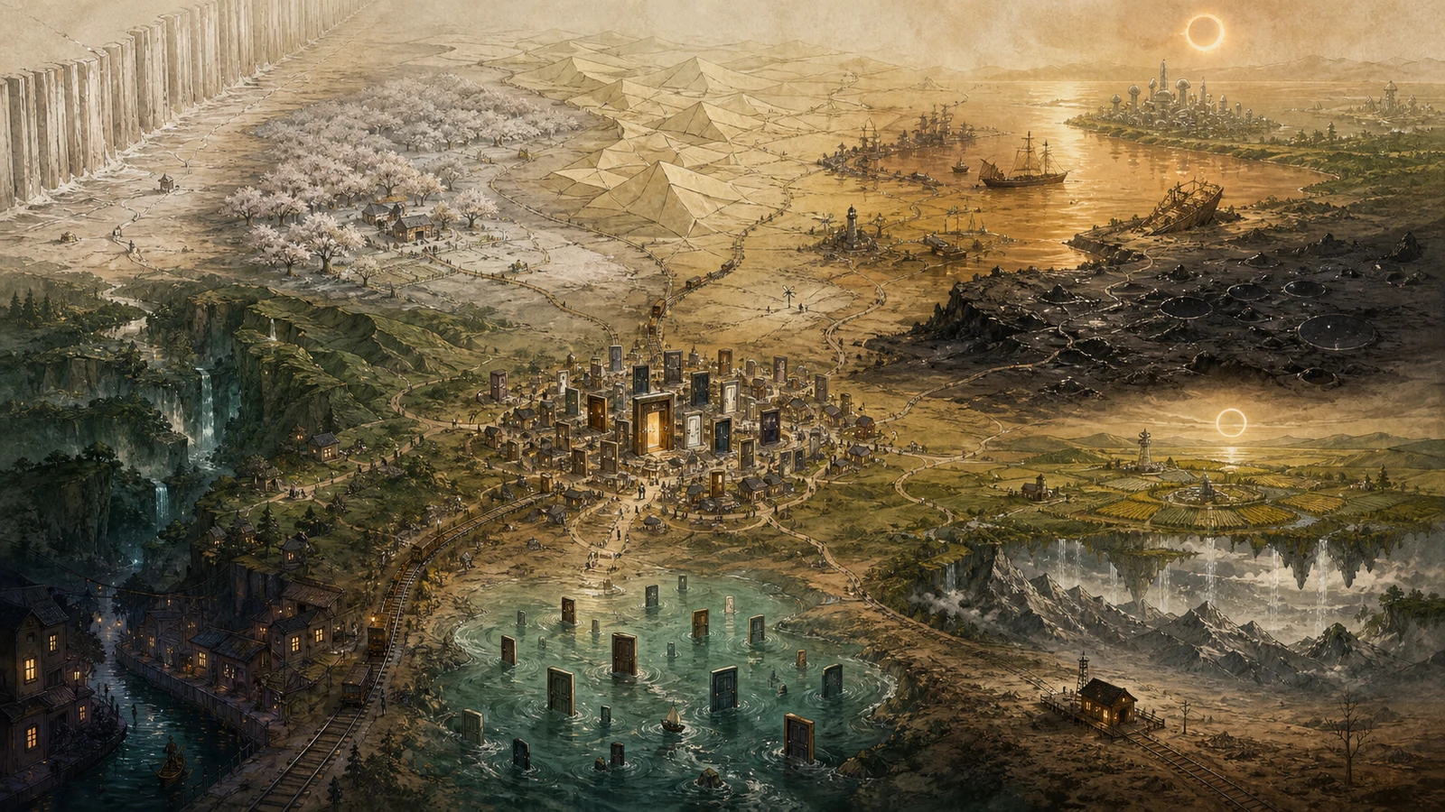 Painted atlas of Orison and the many worlds beyond it