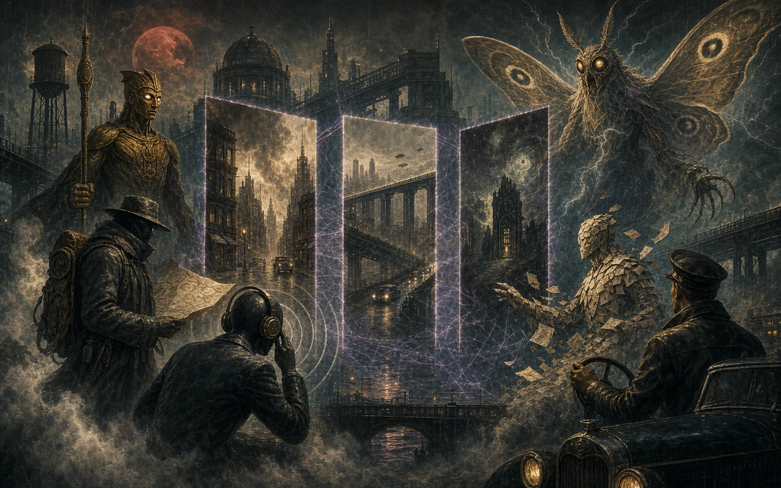 Original Multiverse Dispatch correspondents contesting three reality panels above a rain-dark Midwestern city