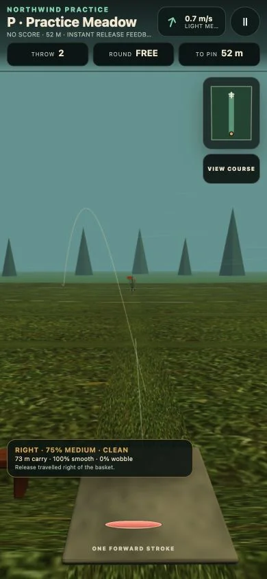 Northwind Nine player-free Practice Meadow with the chosen disc hovering for one forward stroke