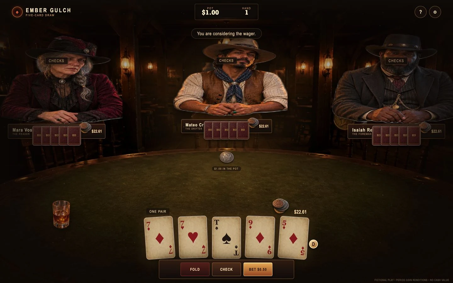 First-person five-card draw table with three expressive old-west saloon patrons, worn cards and period coin wagers