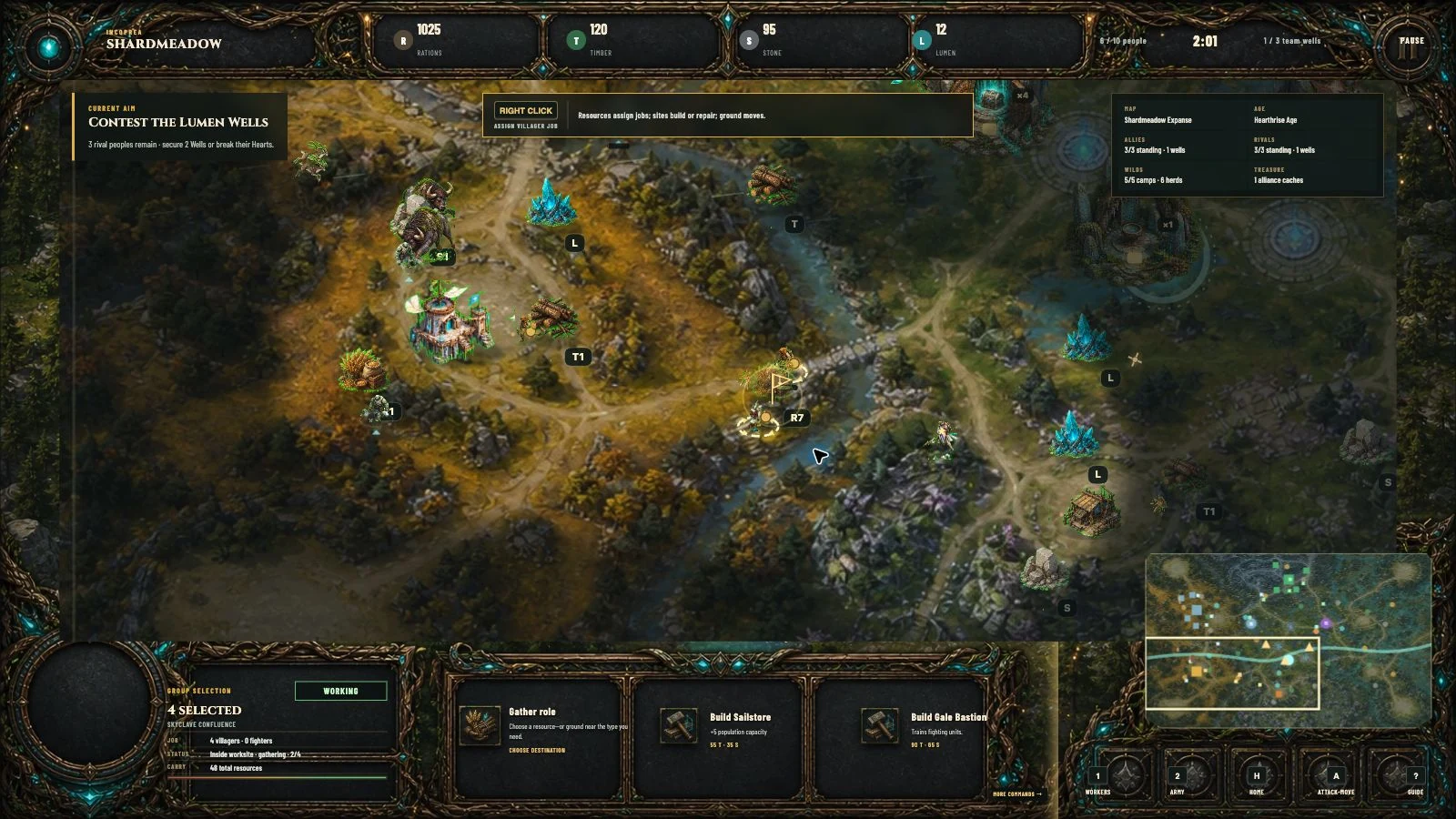 Verified Shardmeadow v1.0.0 gameplay showing a six-faction 3v3 battlefield, contextual orders, research, defenses, wildlife, guarded treasure, and a contained generated gameboard interface