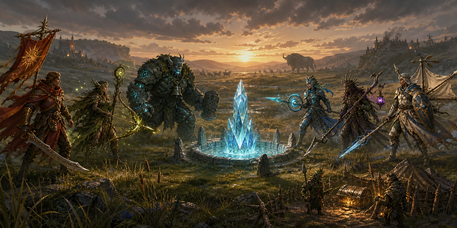 Six original Shardmeadow heroes form two opposing alliances around a Lumen Well, guarded treasure, and roaming herds