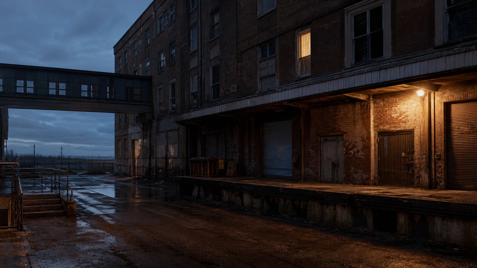 An abandoned 1970s Midwestern department store and apartment block at night, with its loading passage open