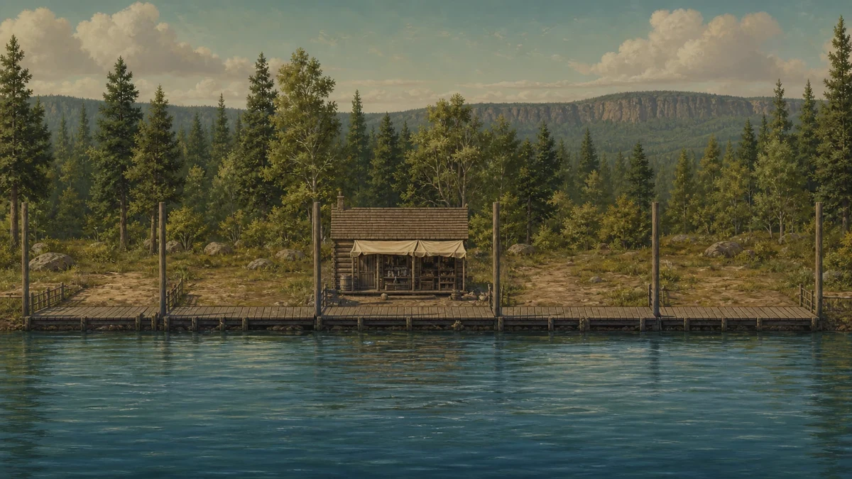 Front-view nineteenth-century river trading post with boats, town buildings, travelers and a merchant ledger