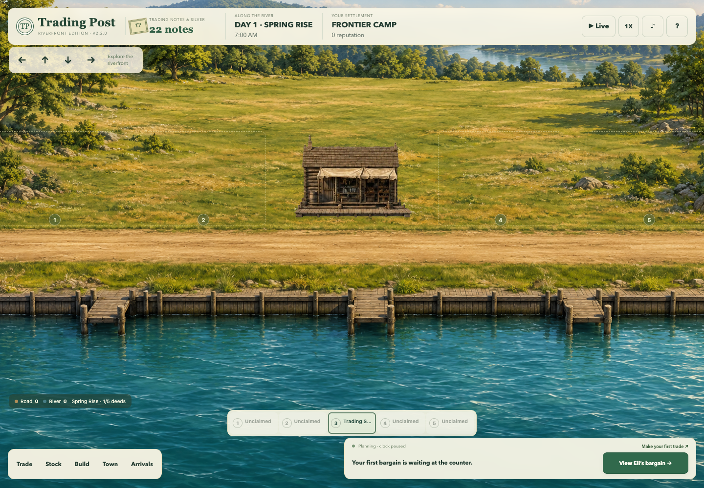 Trading Post full-screen riverfront with fictional notes and floating trading controls