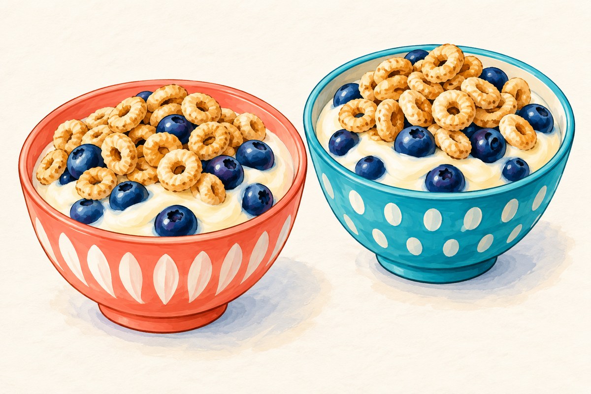 Gouache illustration of blueberry banana yogurt bowls with crunchy oat cereal