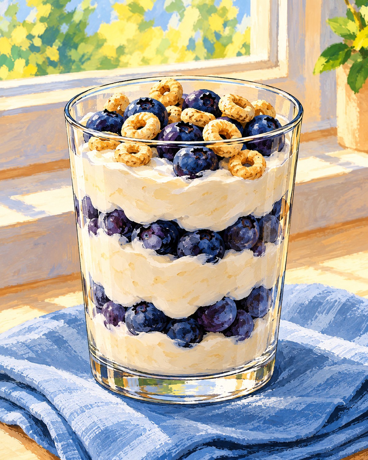 Layers of pale banana yogurt and blueberries in one clear glass, topped with plain oat cereal rings.