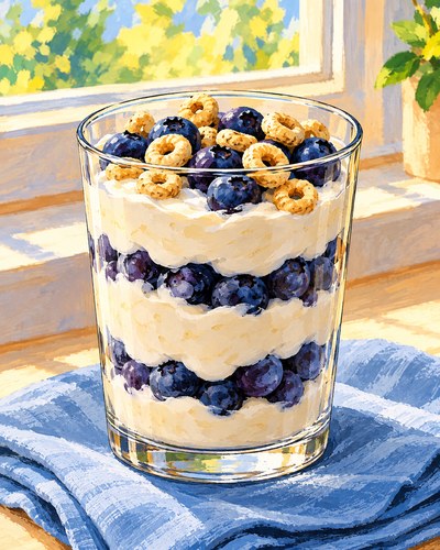Layers of pale banana yogurt and blueberries in one clear glass, topped with plain oat cereal rings.
