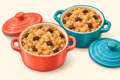 Chilled applesauce oats with cinnamon and raisins.