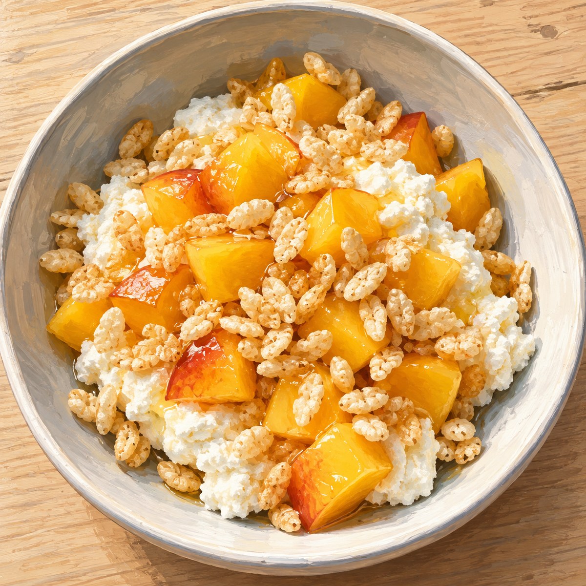White ricotta with diced peaches and crisp rice cereal in a single bowl viewed from above.