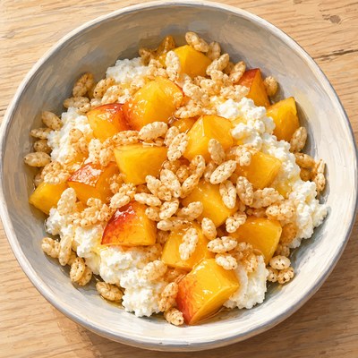 White ricotta with diced peaches and crisp rice cereal in a single bowl viewed from above.