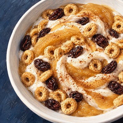 Close view of yogurt swirled with applesauce and cinnamon, topped with raisins and oat cereal rings.