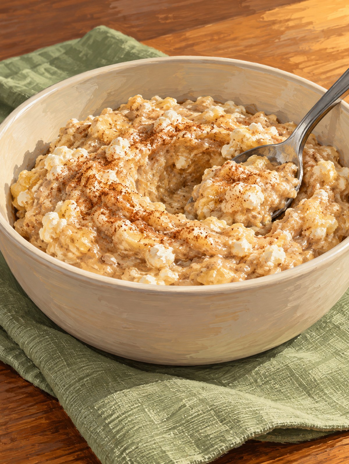 A spoon rests in thick banana and sunflower-butter mash with cottage-cheese curds and cinnamon.
