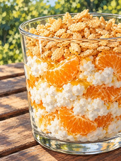 One clear glass of cottage cheese and clementine pieces topped with crisp rice cereal.