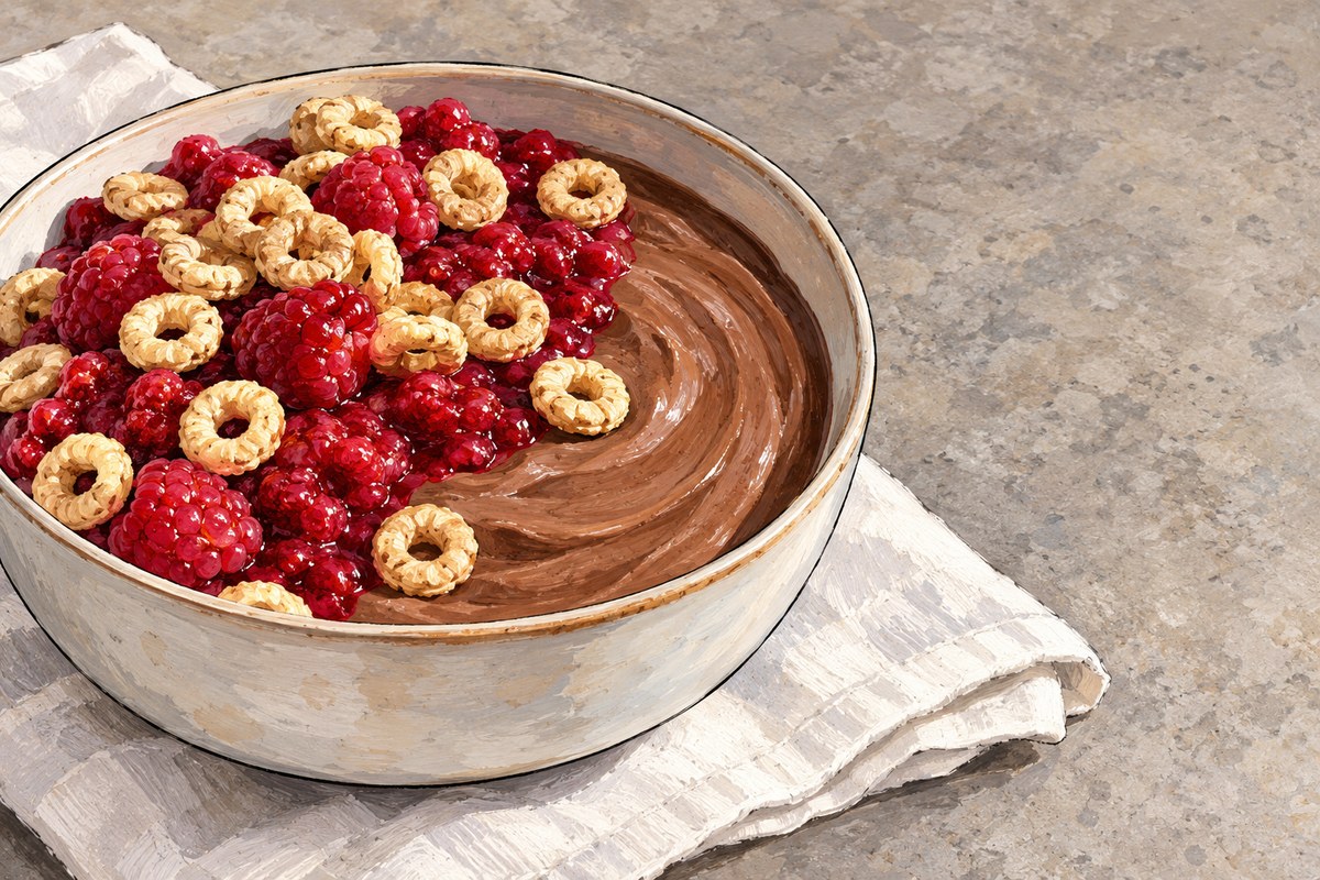 Cocoa yogurt with crushed raspberries and plain oat cereal rings in a single low bowl.