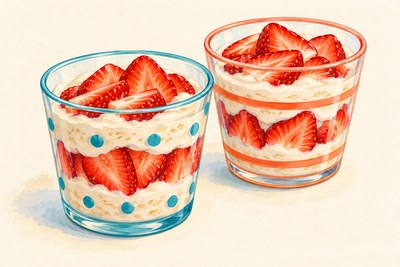 Oat-yogurt breakfast cups layered with sliced strawberries.
