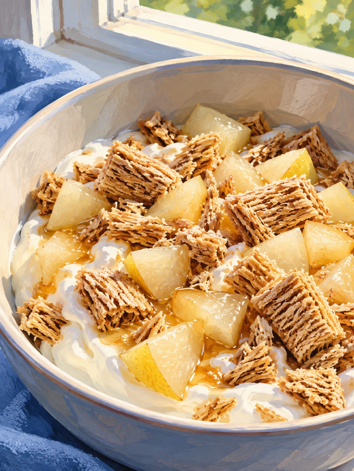 Close view of pear cubes and broken shredded-wheat cereal over white yogurt.