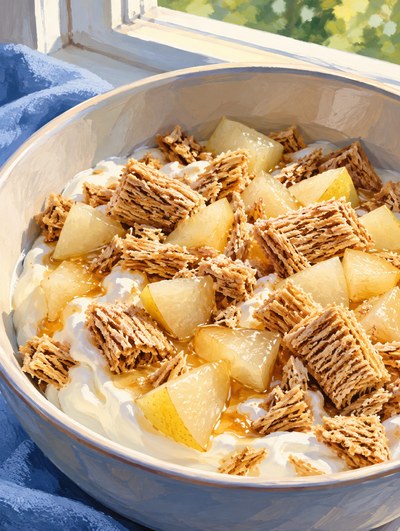 Close view of pear cubes and broken shredded-wheat cereal over white yogurt.