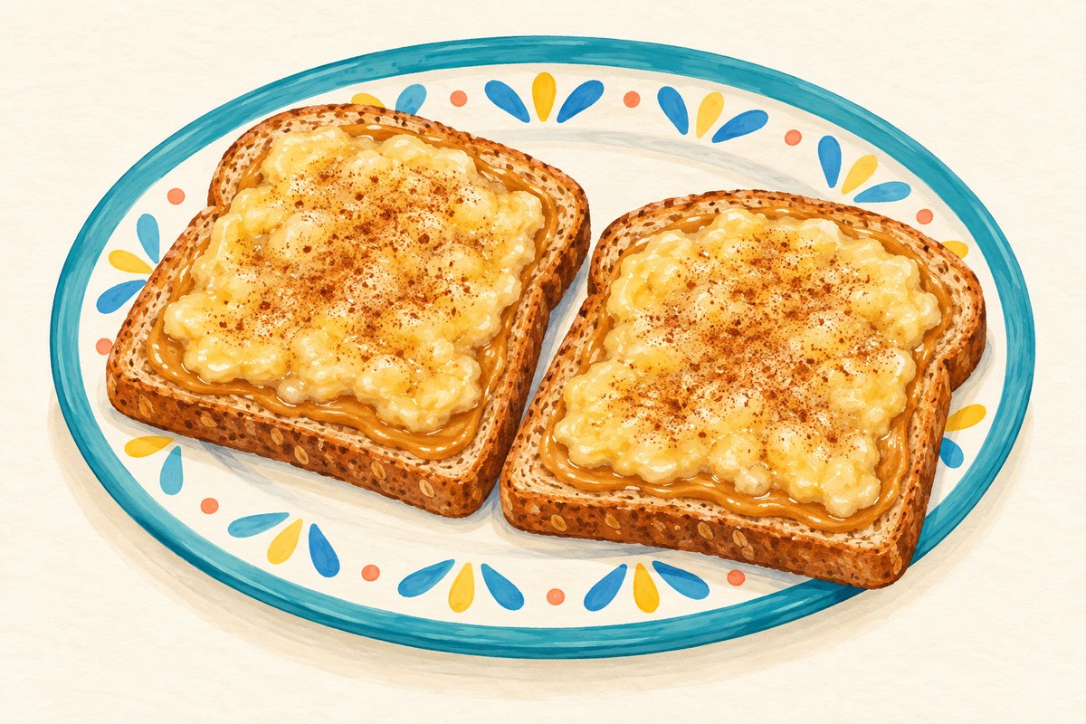 Open sandwiches with peanut butter, mashed banana and cinnamon.