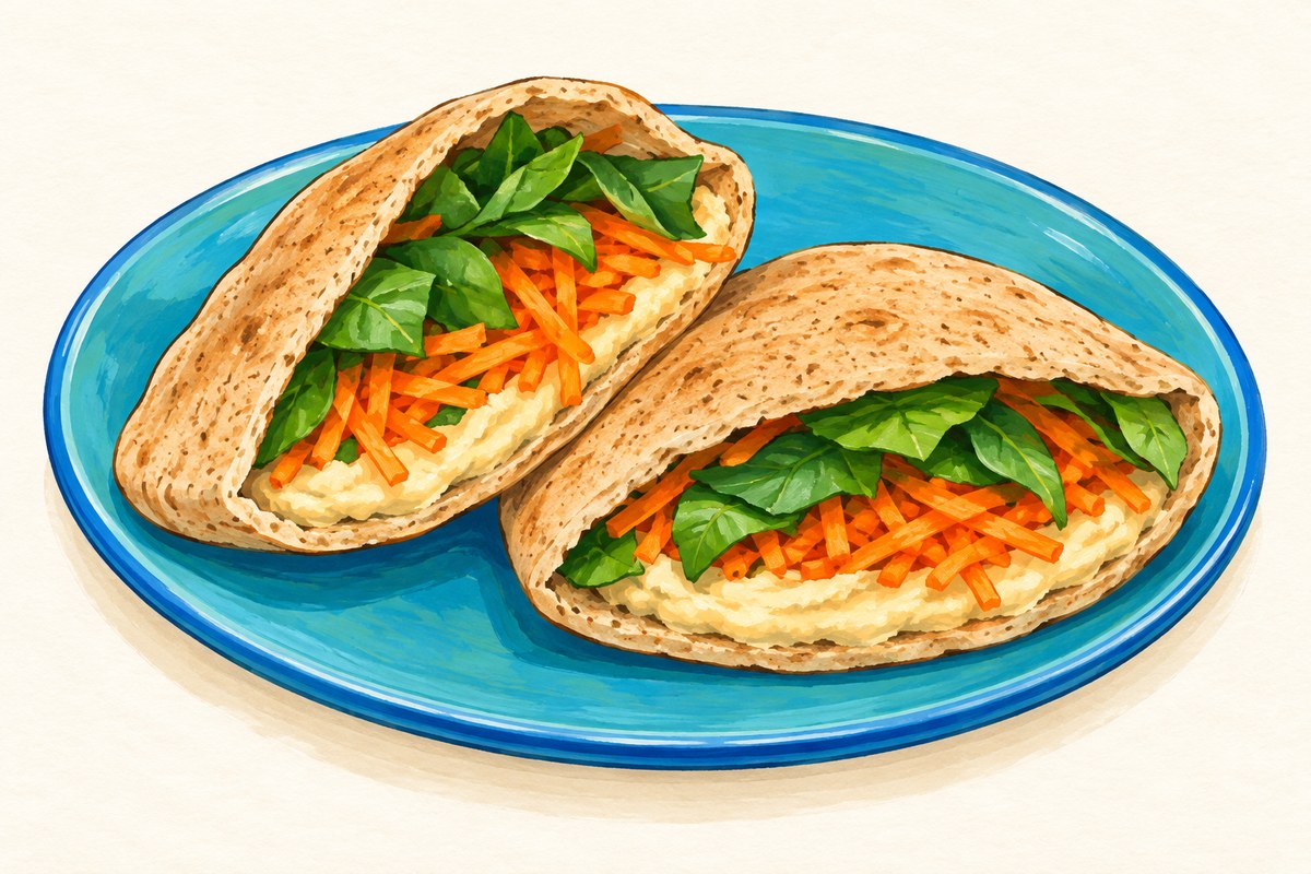 Hummus pita pockets filled with carrot and spinach.