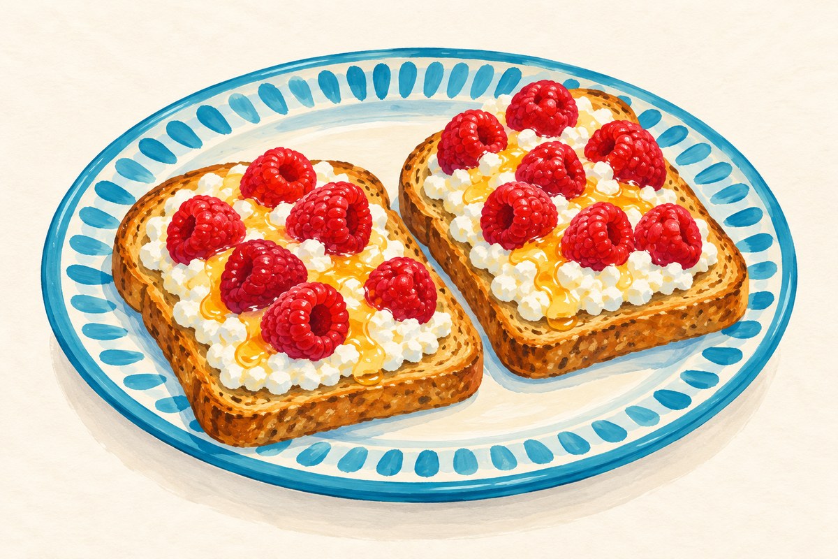 Cottage cheese toast topped with raspberries.