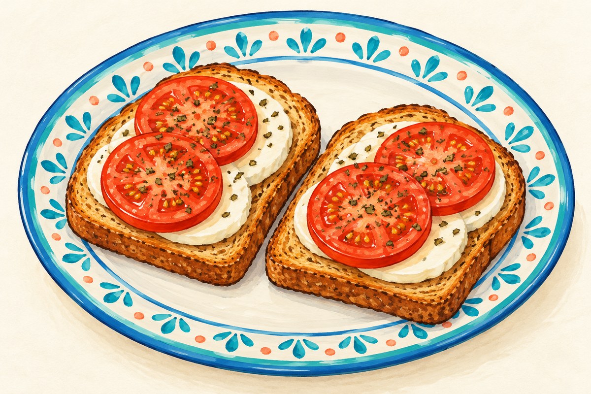Tomato and mozzarella open toasts with dried basil.