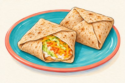 Folded tortillas with cheddar, carrot and lettuce.