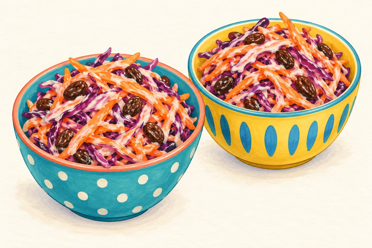 Purple cabbage, carrot and raisin slaw.