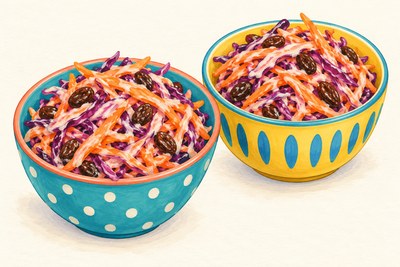 Purple cabbage, carrot and raisin slaw.