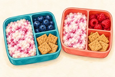 Berry cottage cheese lunchboxes with separate crackers.