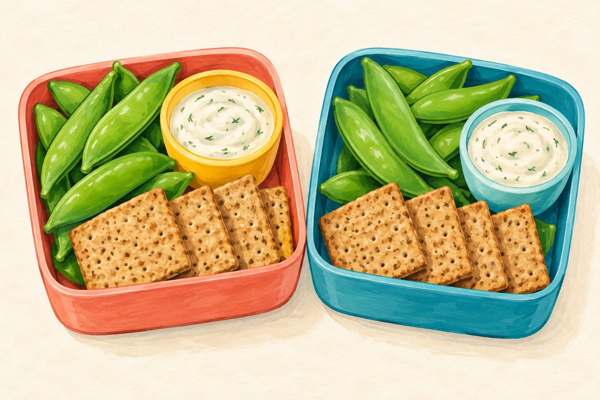 Sugar snap peas and crackers with herby yogurt dip.