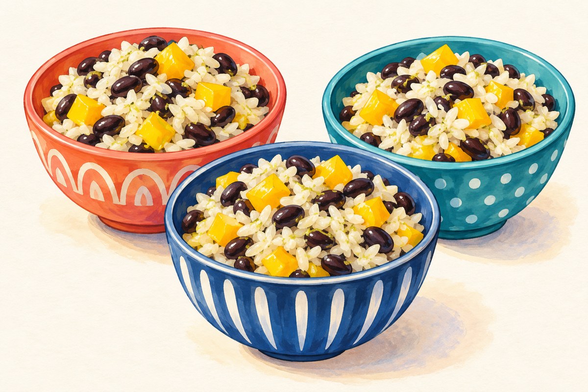 Cold rice salad with black beans and yellow pepper.
